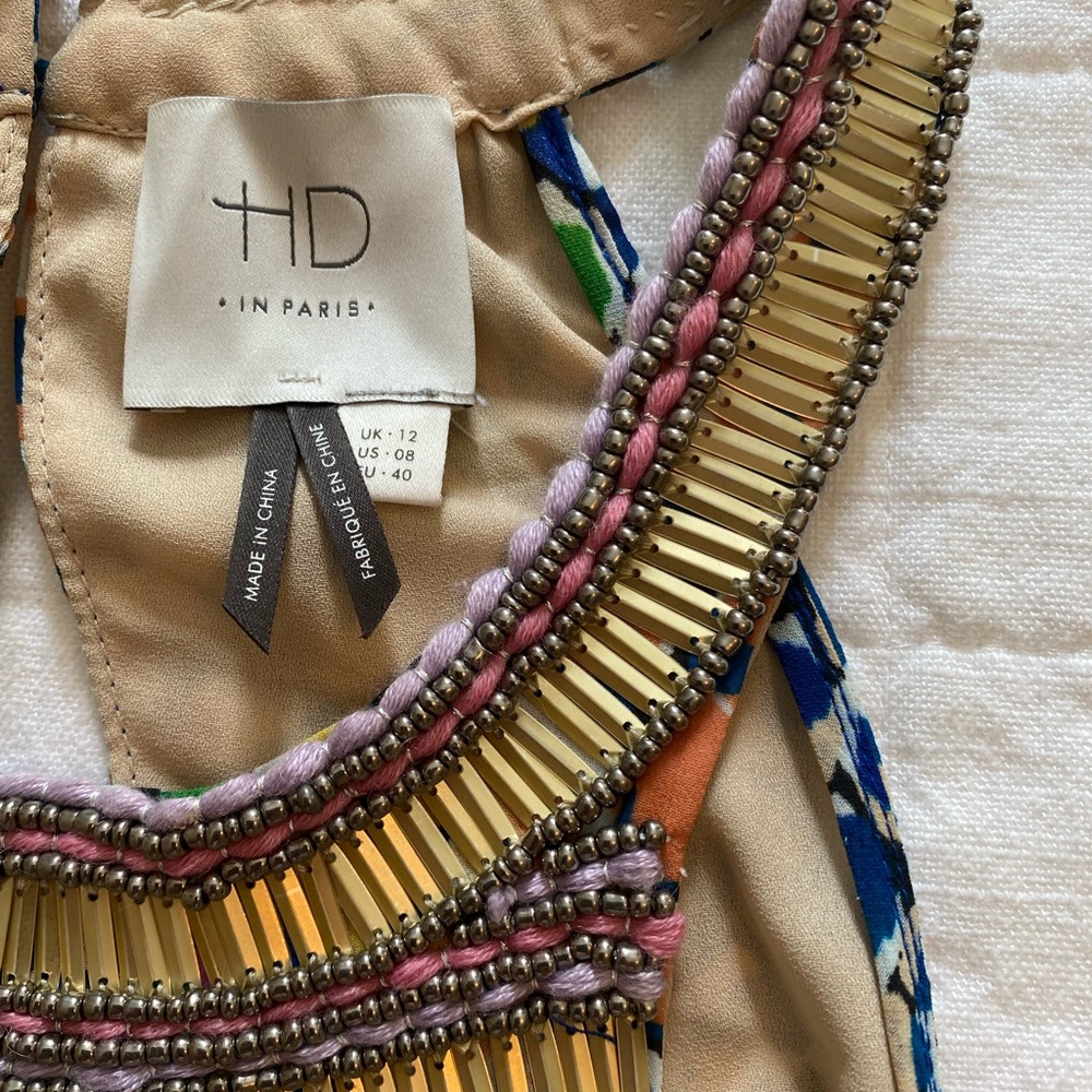 HD in Paris Anthropologie Mayacamas Maxi Dress Size 8 Blue Orange Beaded Neck